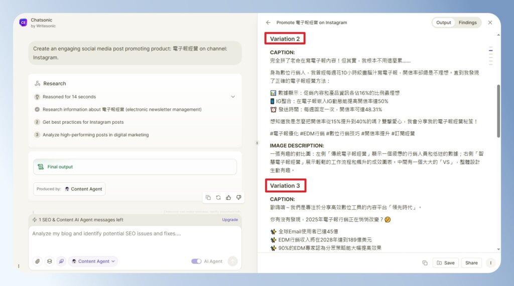 查看 Writesonic Chatsonic 的生成的貼文
