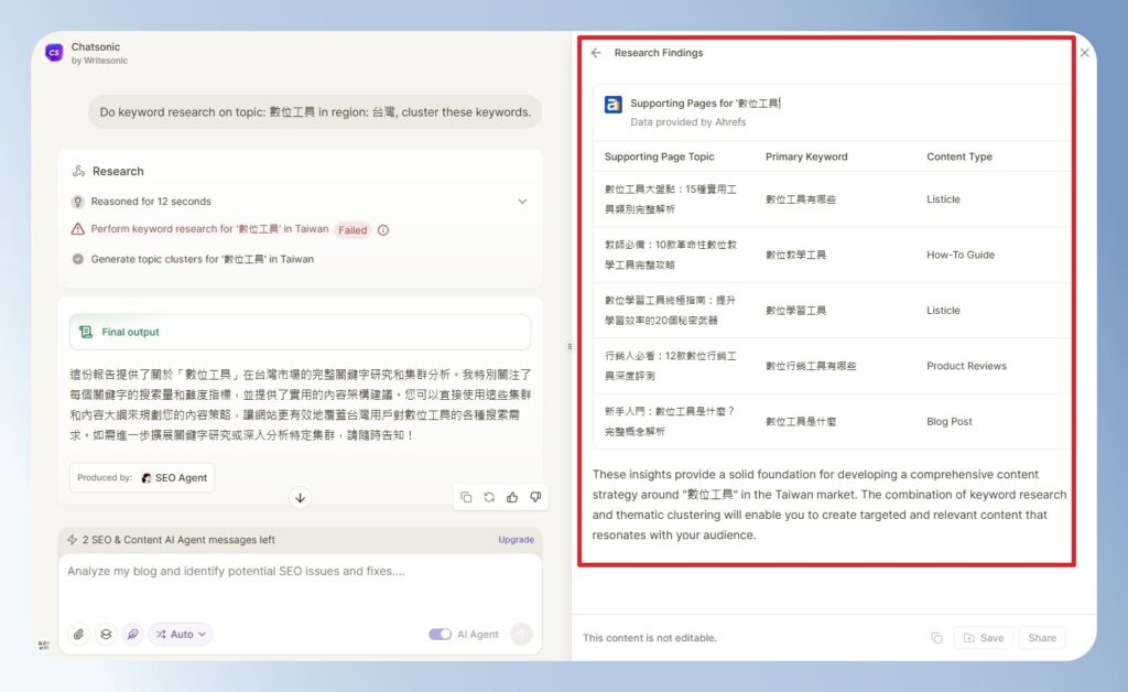 Writesonic 分析結果出現中英文混用的情況