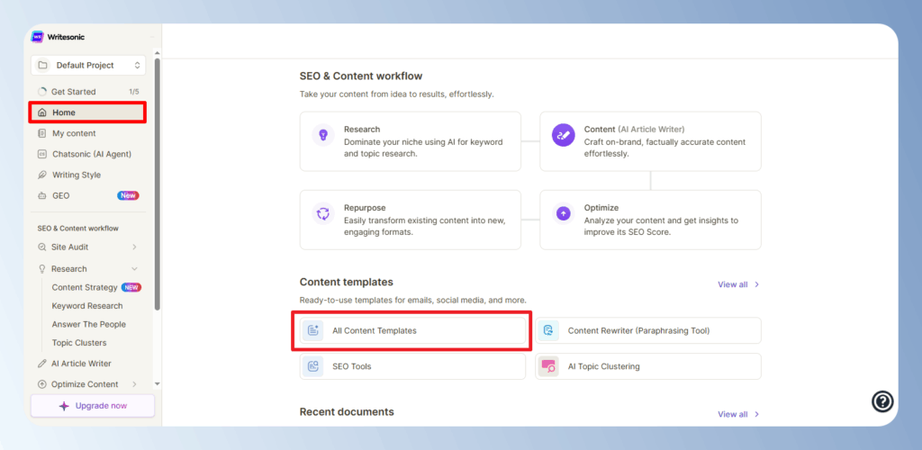 Writesonic 首頁有 All Content Templates 按鈕