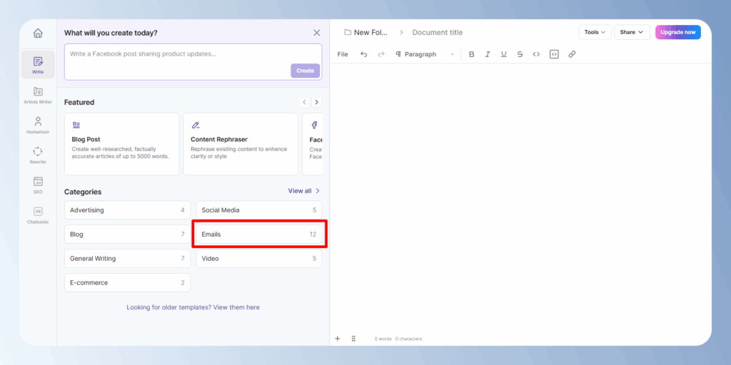 Writesonic 有提供 AI Email 寫作範本