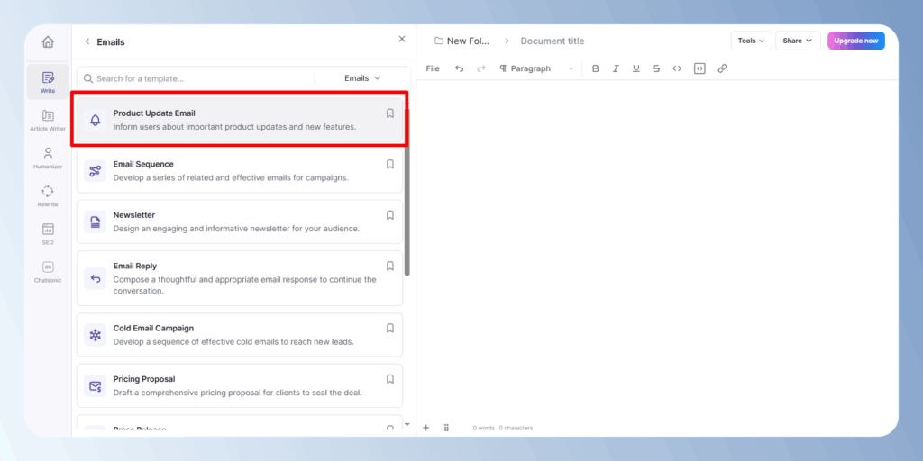Writesonic 挑選 Email 範本類型