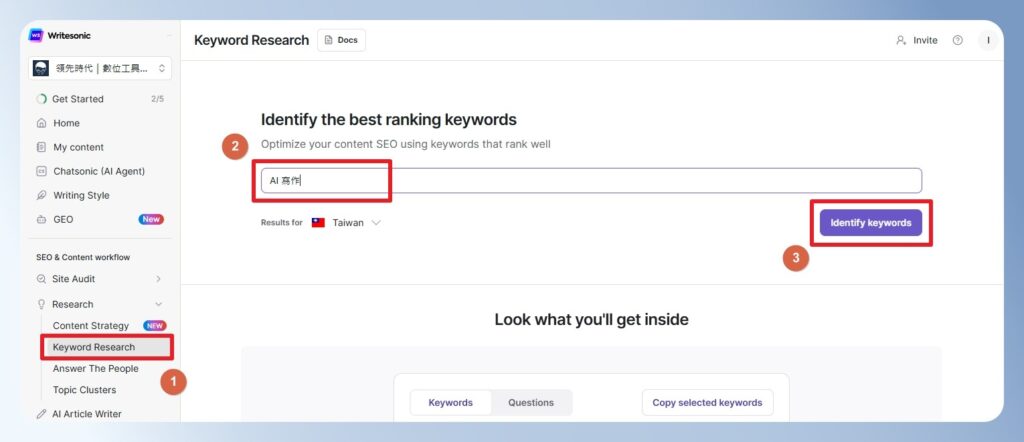 Writesonic SEO 關鍵字查詢