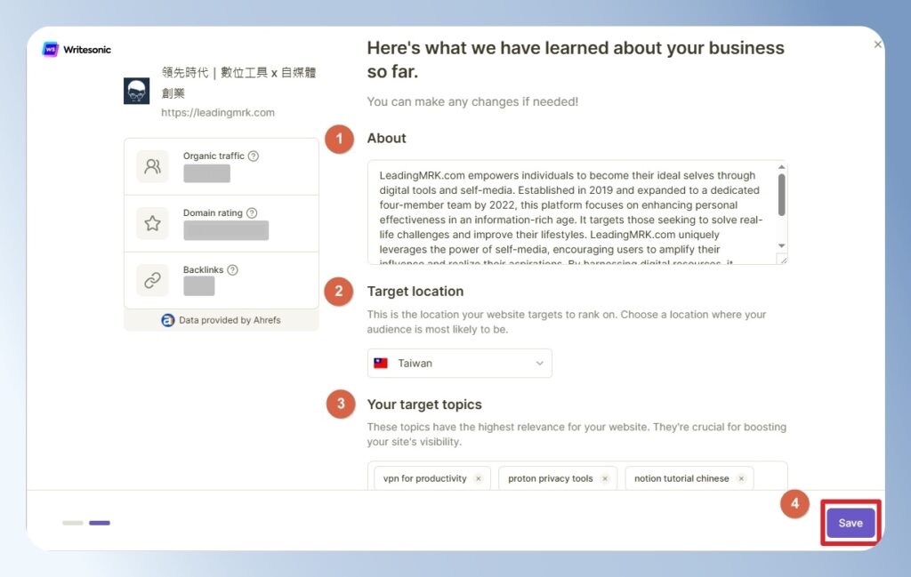 Writesonic 顯示網站的基本資訊