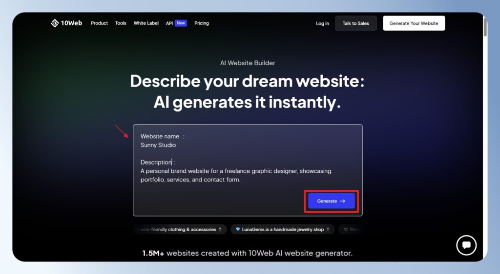 10Web 新增網站說明,讓 AI 參考內容生成網站
