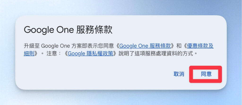 同意 Google One 的服務條款