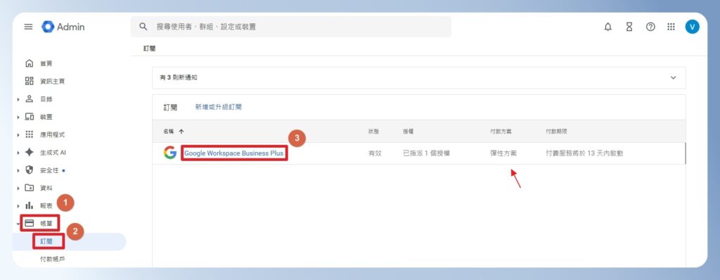 Google Workspace 查看目前訂閱的方案
