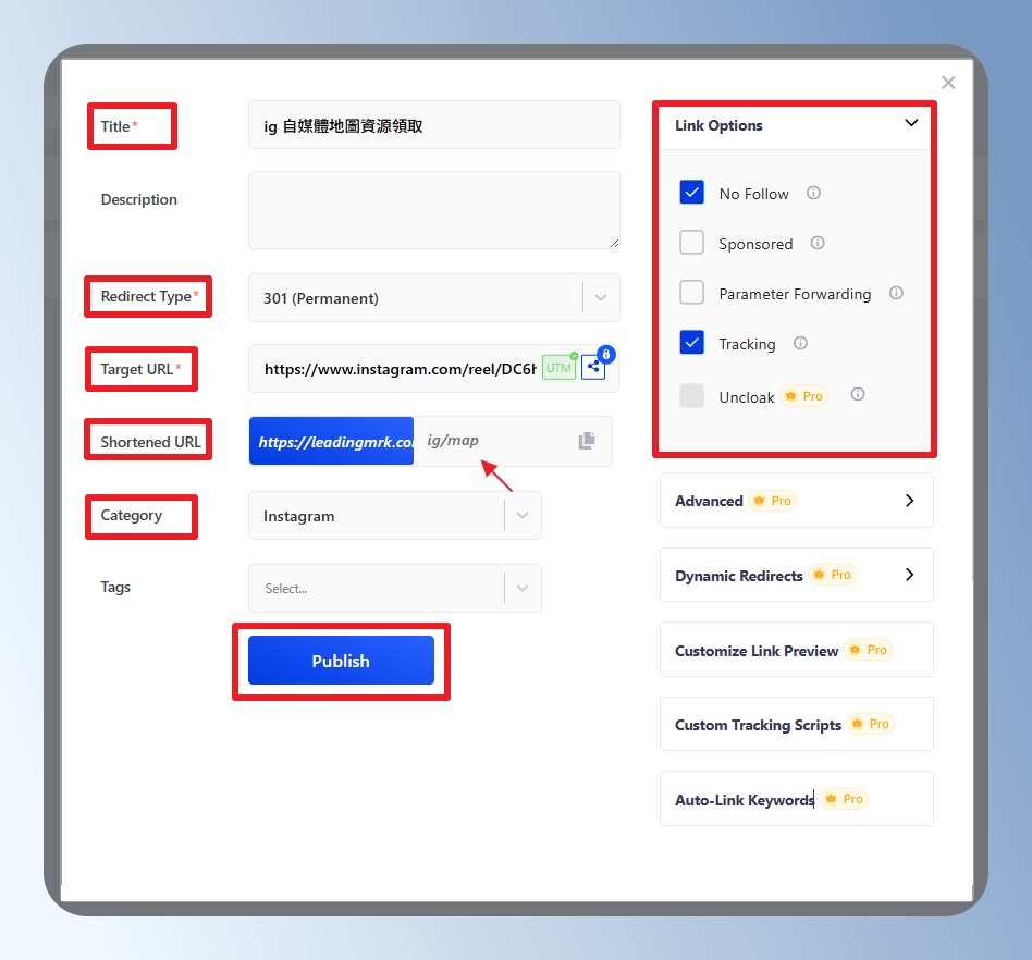 BetterLinks 輸入短網址標題、目標網址、轉址方式、所屬分類