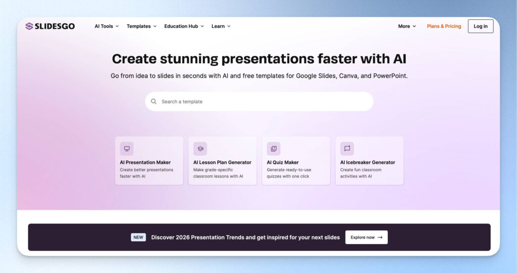 Slidesgo AI 簡報工具首頁