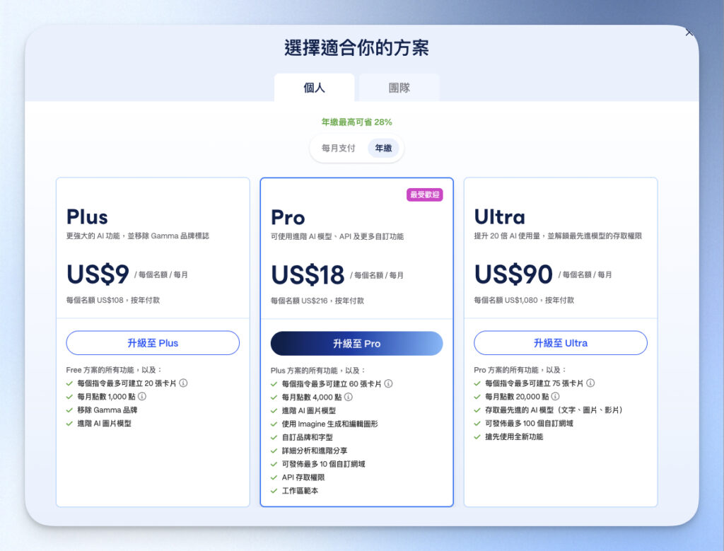 選擇要購買的方案，並選擇月計費或年計費