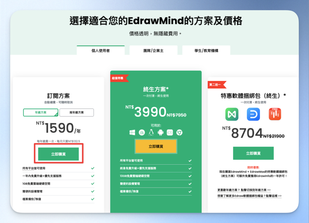 EdrawMind 官網選擇訂閱方案