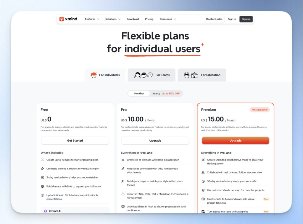 XMind 官網 Pricing 頁面